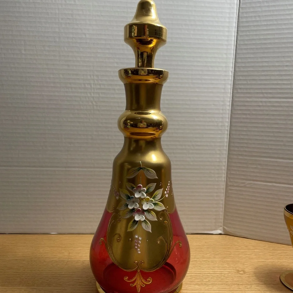 Bohemian Czech Ruby Red Gold Gilt Crystal Decanter & 4 Glasses Enamel Flowers